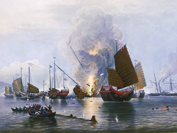 The East India Company steamship Nemesis destroying Chinese war junks during the First Opium War, 7 January 1841. An oil painting by Edward Duncan.