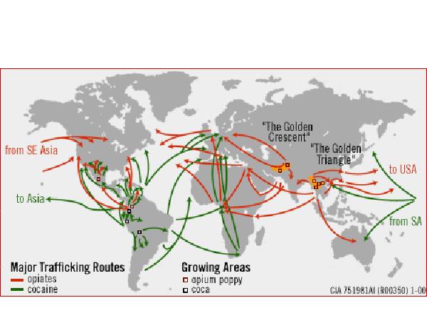 Illegal drug trafficking routes according to the CIA. The regions in yellow, the Golden Cresent and the Golden Triangle, are the principal areas of illicit opium production, and marked in red are the routes via which the opioids are trafficked around the world.