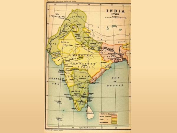 Political Map of India, 1765. The territories under the control of the East India Company is marked in red.