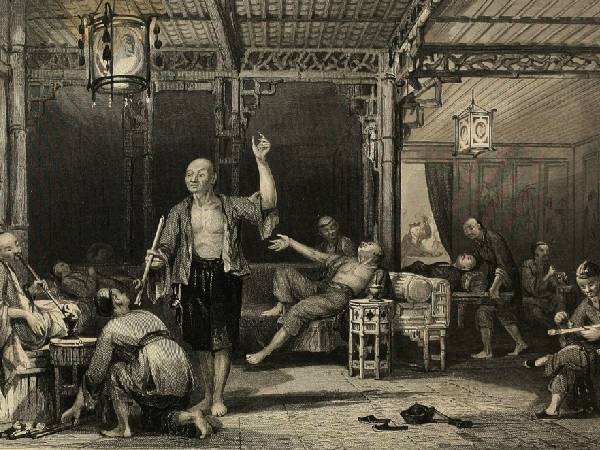 A depiction of an opium den in China by Thomas Allom (1858)